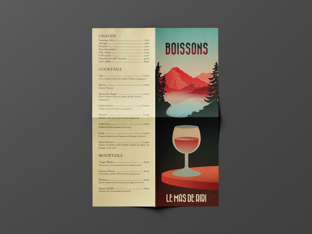 Recto de la carte des boissons du Mas de Riri.