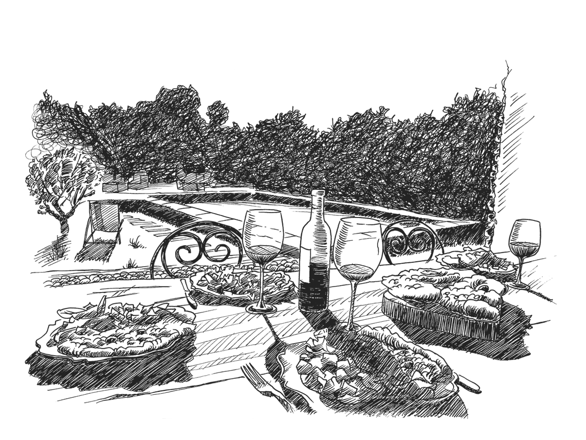 Dessin à la main de la cuisine d'été du Clos des Coustoulins.