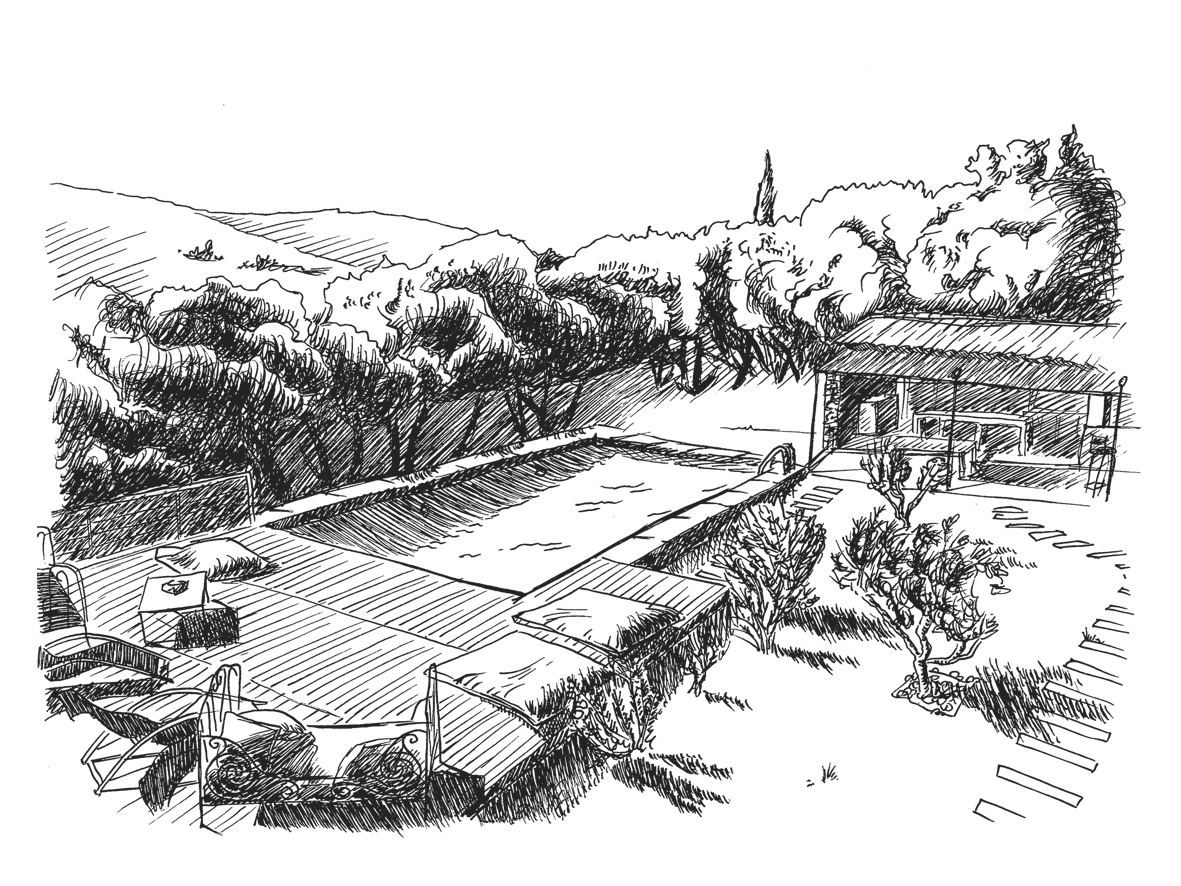 Dessin à la main de la piscine du Clos des Coustoulins.