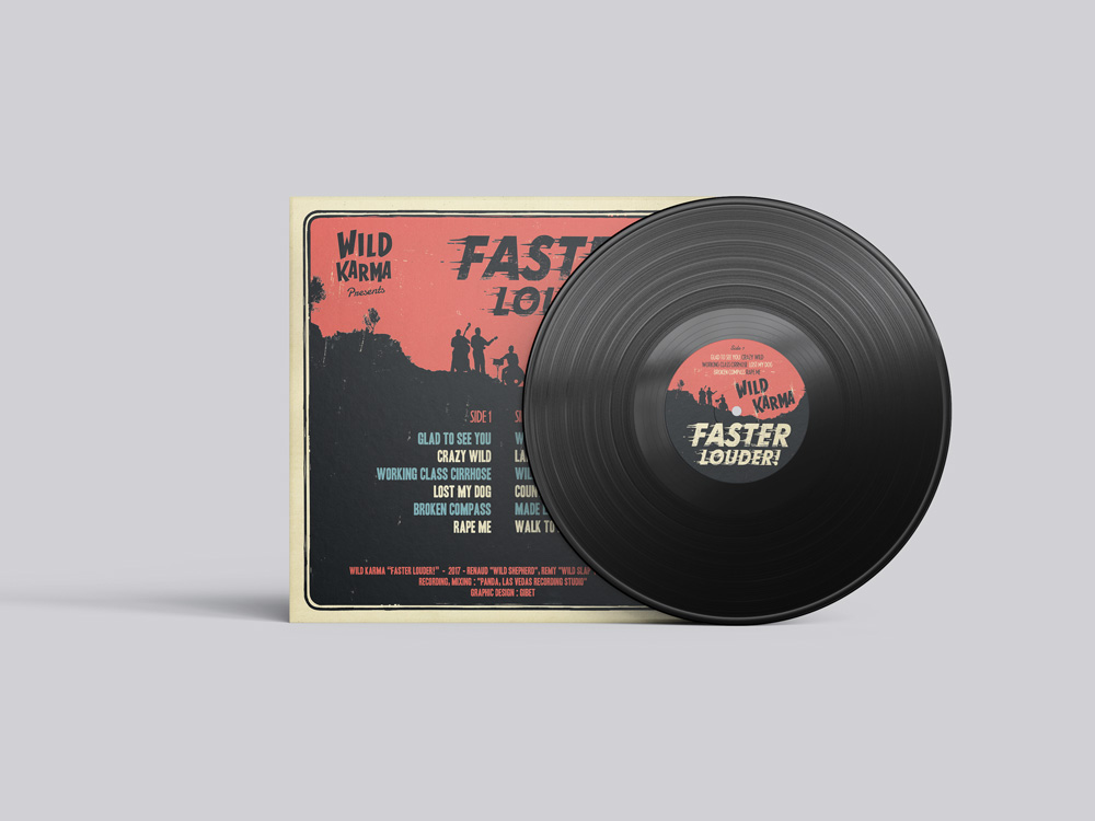 Dos de la pochette et vinyle de l'album FASTER LOUDER du groupe WILD KARMA.