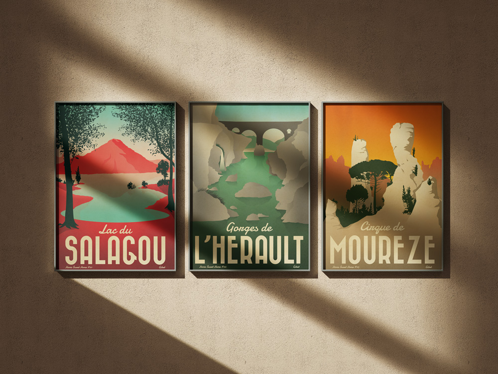 Mur d'affiches sur le thème des paysages de l'Hérault.